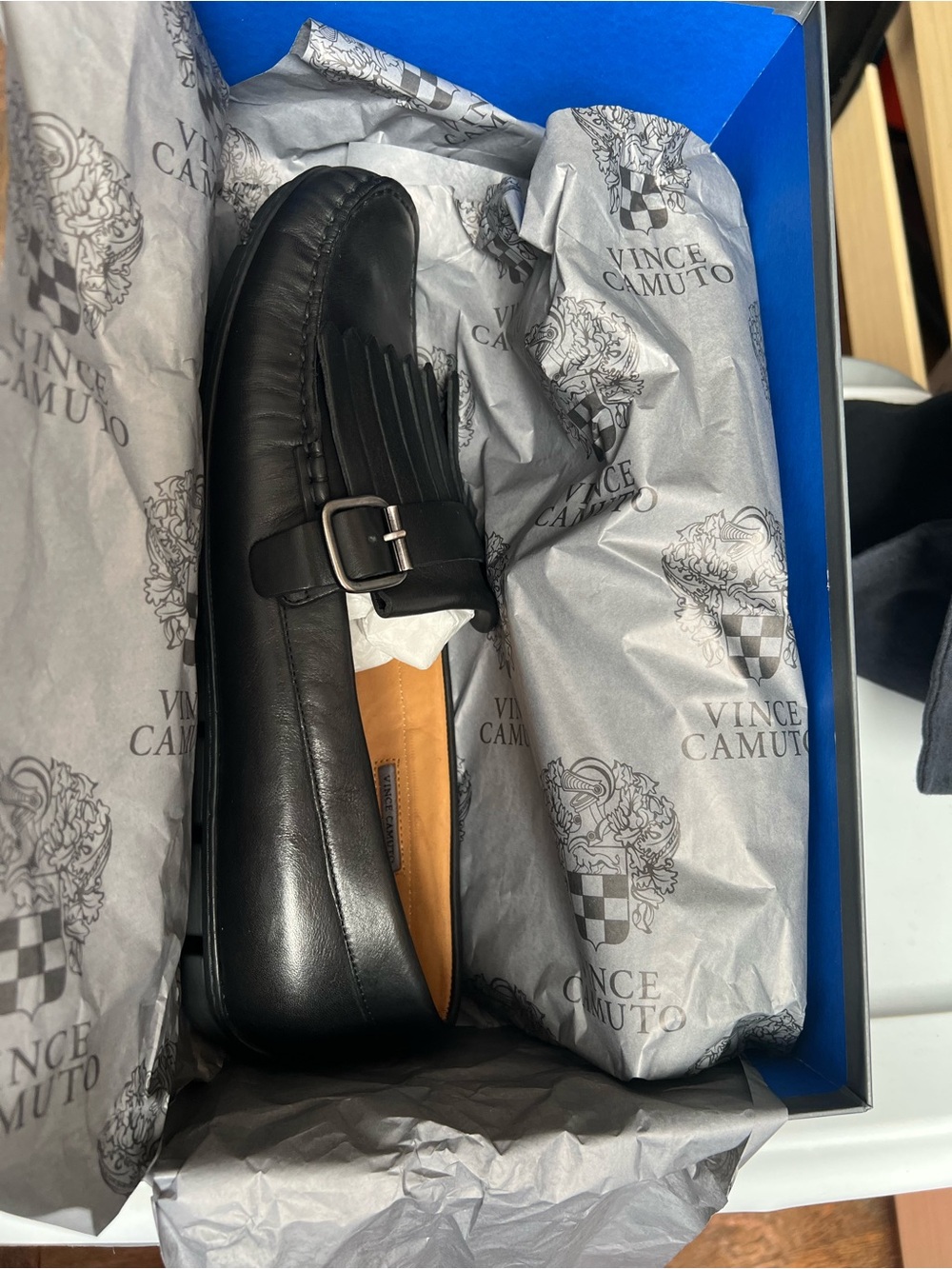 Vince Camuto Black Leather Kiltie Slip-On Loafers with Silver Buckle men’s 11